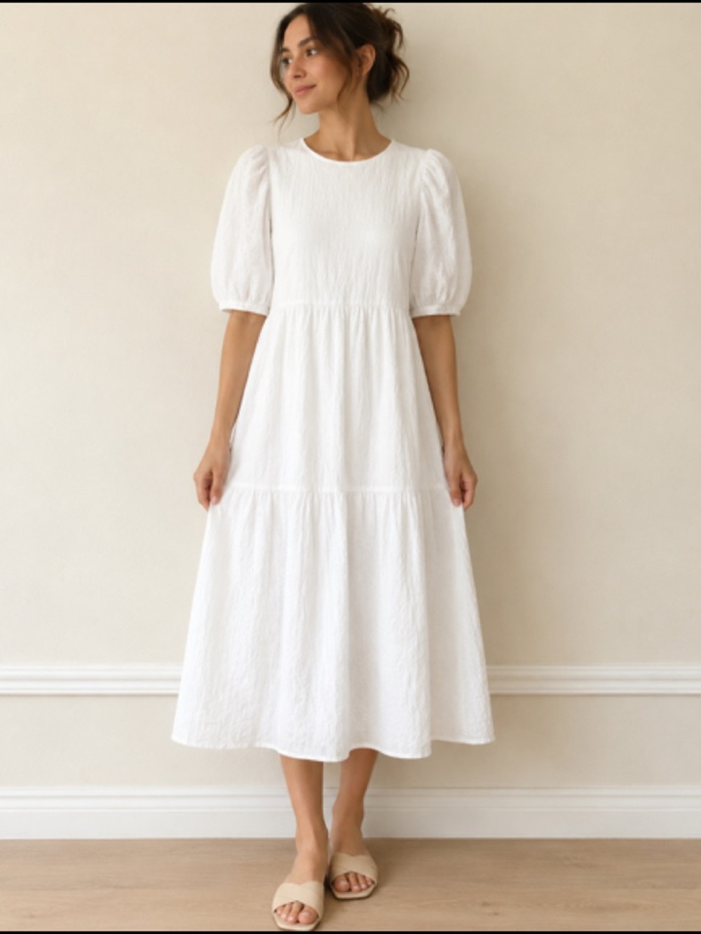 Amanda Uprichard White Tiered Skirt Puff Sleeve‎ Dress